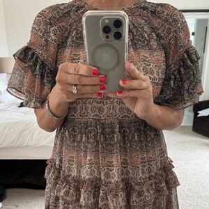 Flouncy Party Dress-Olivaceous Size M-Brown, cream, peach